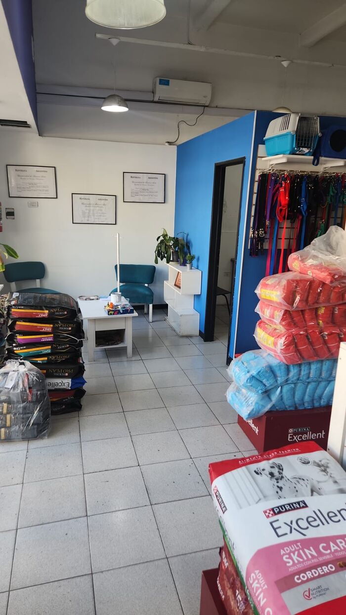 Sala de espera con sillones, títulos profesionales en la pared y sector de alimentos y correas